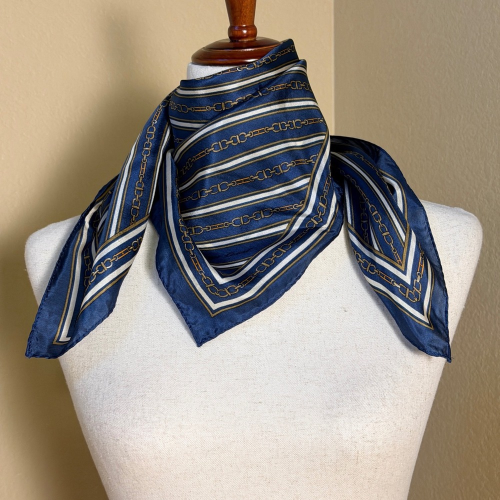 Vintage Carriage Court Silk Scarf Navy Blue Equestrian Chain Stripe Square Japan